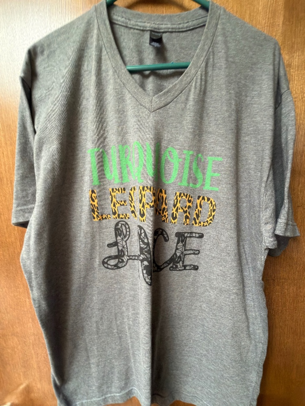 $42 Tultex V-neck XL gray T-shirt Turquoise Leopard and Lace